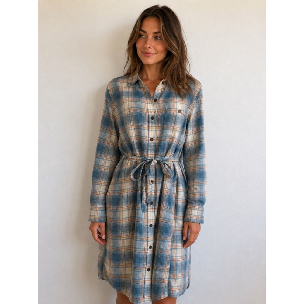 Toad&Co Plaid Shirt Dress Medium Blue Cream Belted Button Front